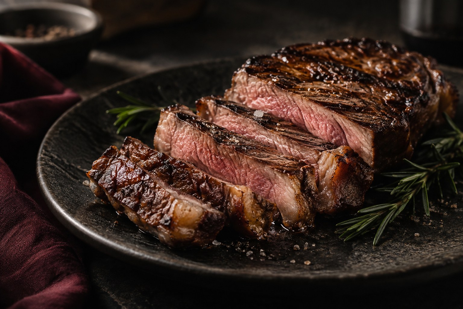 Sliced grilled steak on a dark plate with herbs